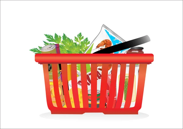 Cesta de la compra y comestibles aislados en blanco — Vector de stock