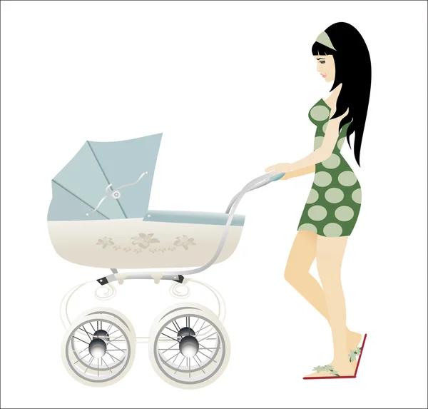 Young mother walking with a blue baby carriage — Stock Vector