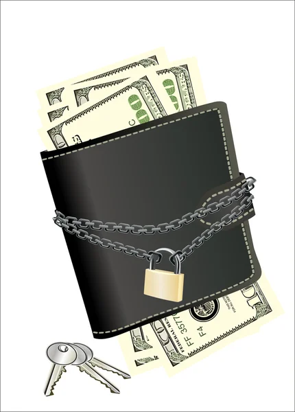 La cartera con el candado y las llaves - simbólico para las precauciones de seguridad sobre el gasto de dinero o el carterista . — Vector de stock