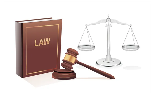 Silver scales of justice, gavel and book isolated on white — Stock Vector