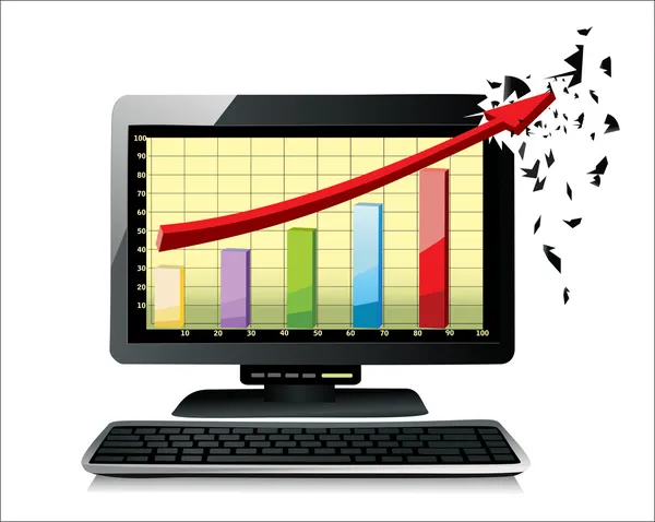 Concepto de beneficio, flecha roja y gráfico de crecimiento empresarial en PC aislado sobre un fondo blanco — Vector de stock