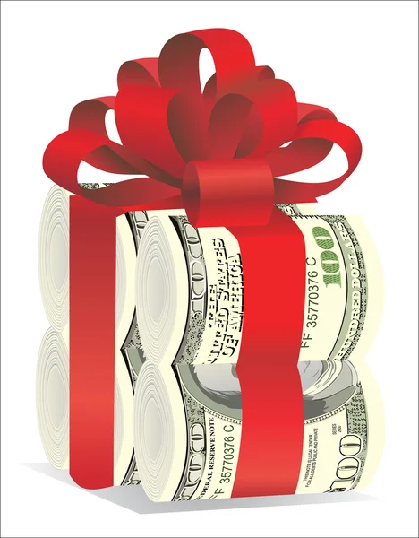 Rolls of money wrapped in red bow and ribbon — Stock Vector