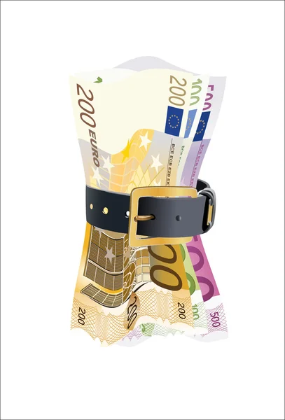 Euro notes squeezed by leather belt on a white background — Stock Vector