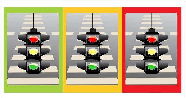 Set of traffic lights with red, yellow and green lights — Stock Vector