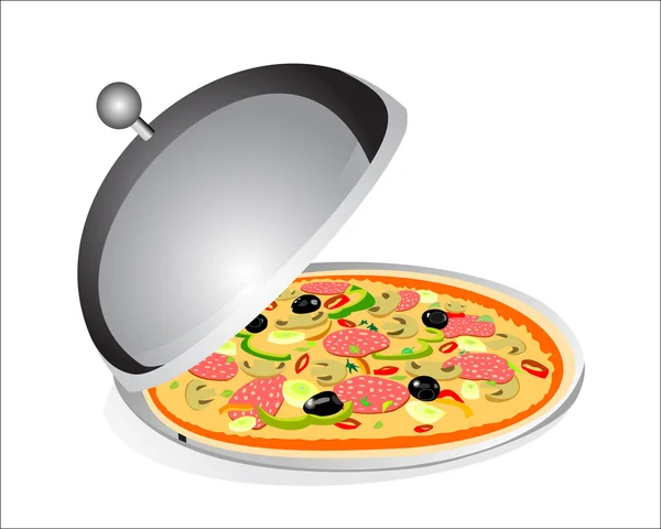 Pizza with ham, pepper and olives on salver plate under the food cover isolated on white background — Stock Vector