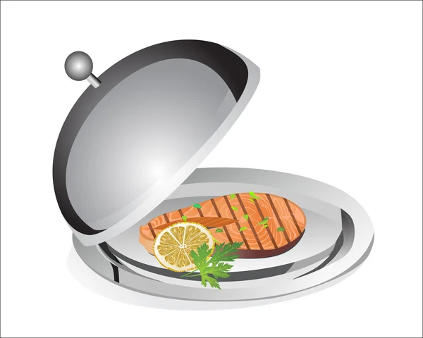 Salmón a la parrilla con cal en plato salver bajo la cubierta alimenticia aislado sobre fondo blanco — Vector de stock