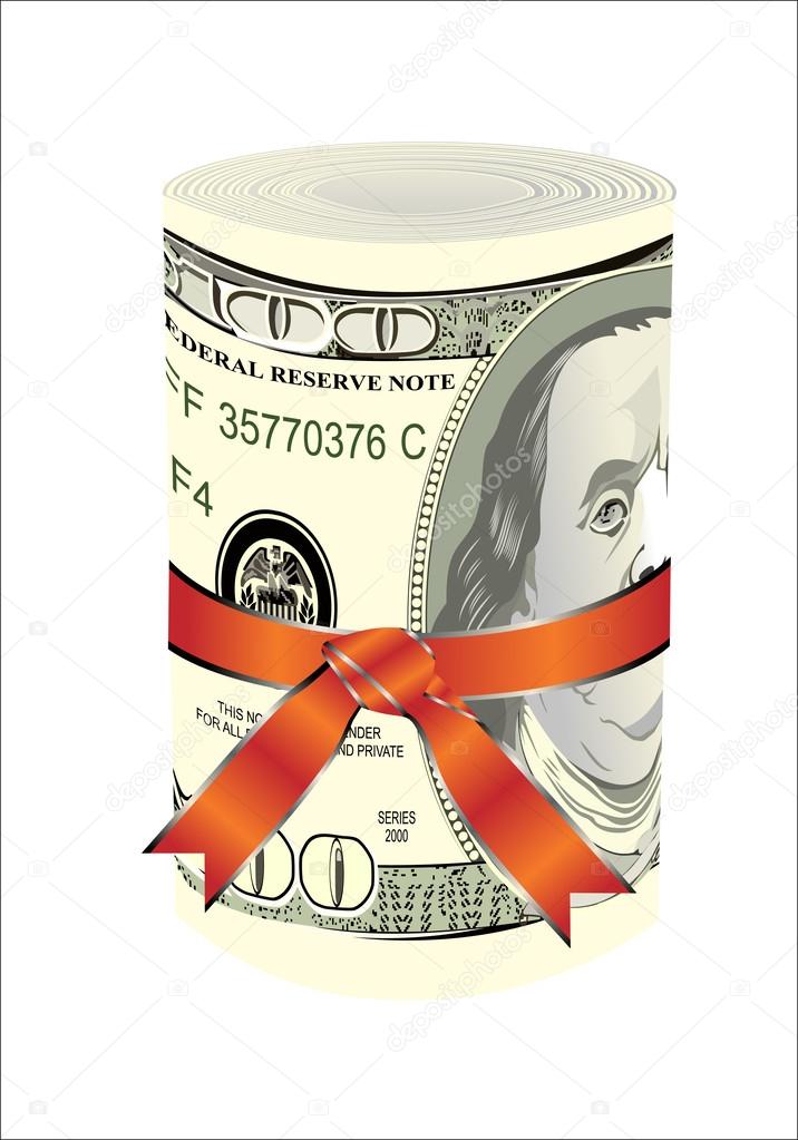 One roll from dollars in a red ribbon with a gift bow.