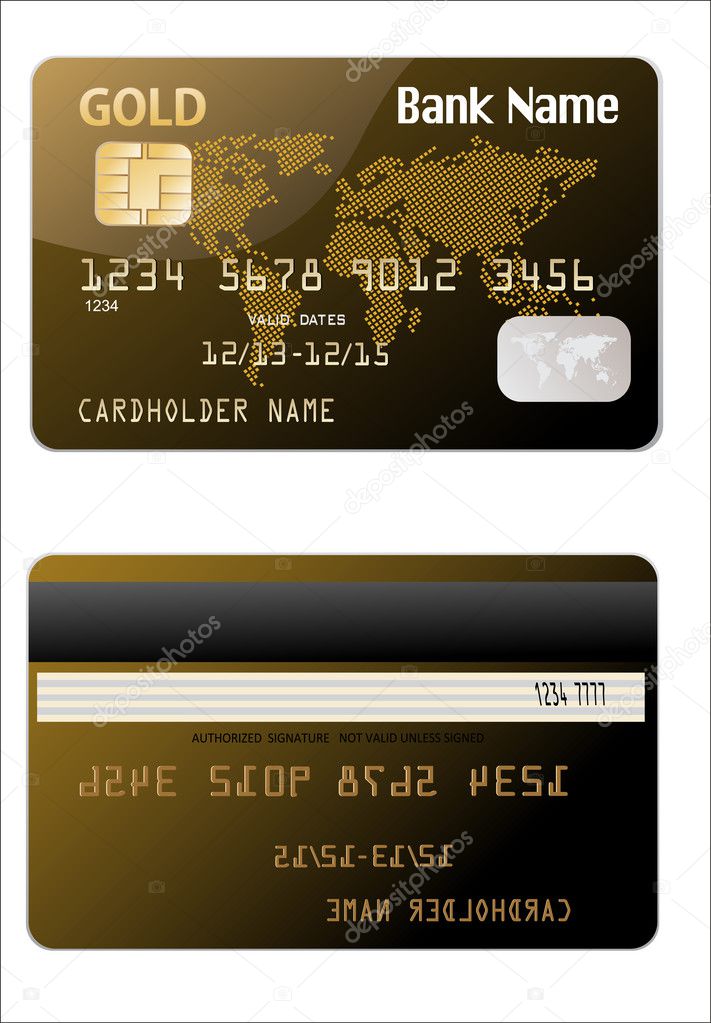 illustration of detailed glossy gold credit card isolated on white background