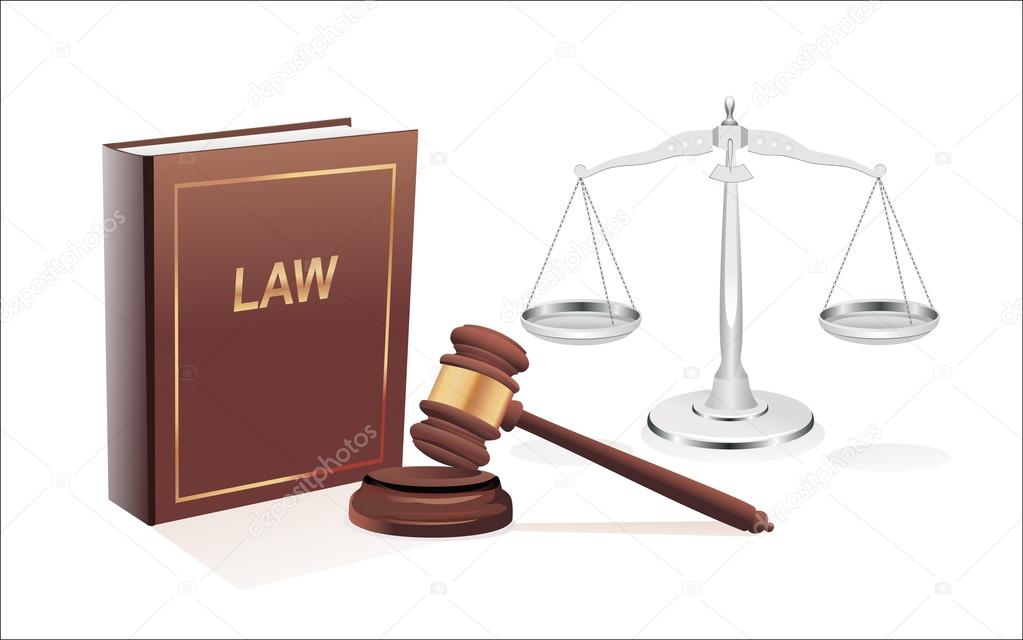 Silver scales of justice, gavel and book isolated on white