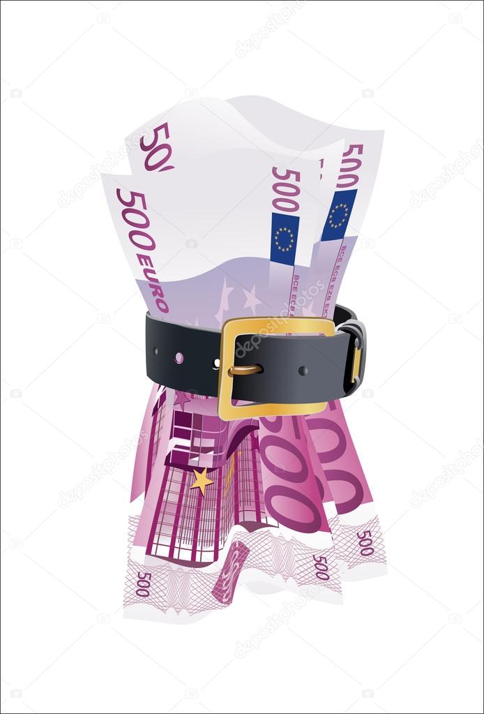 500 euro notes squeezed by leather belt on a white background