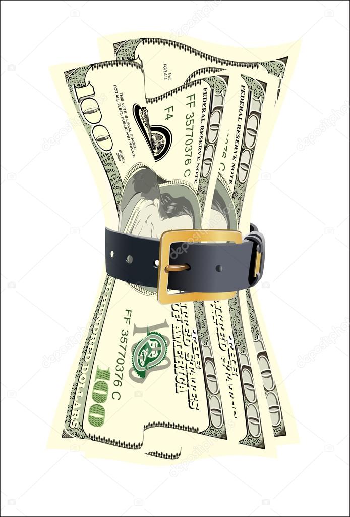 dollar bills squeezed by leather belt on a white background