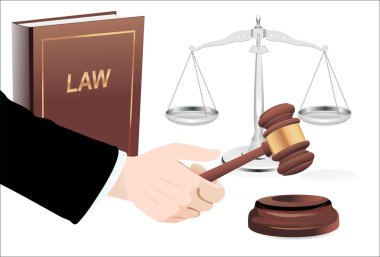 yandan, adalet ve hukuk kitabı üzerine beyaz izole ölçekleri tokmak