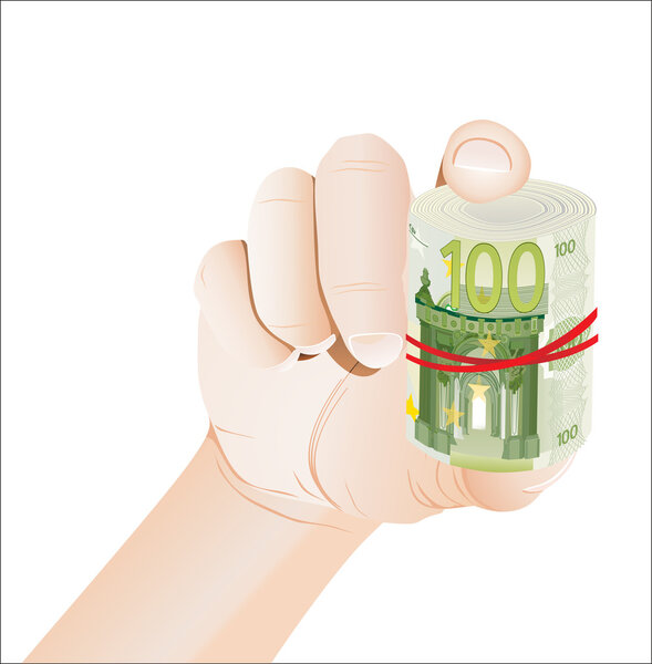 hand holding roll of 100 euro banknotes isolated on white