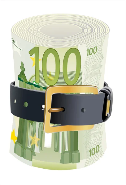 Notas de 100 euros espremidas por cinto de couro sobre fundo branco — Vetor de Stock
