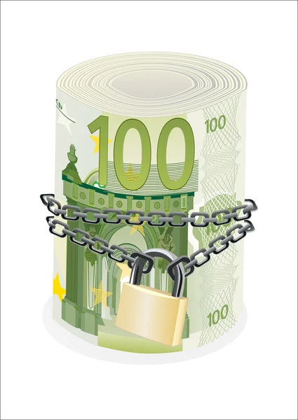 Ρολό 100 ευρώ αλυσοδεμένα και κλειδωμένο απομονωθεί σε λευκό — 图库矢量图片