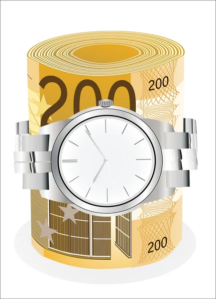 Polshorloge gewikkeld rond een broodje van 200 euro-bankbiljetten op witte achtergrond — Stockvector
