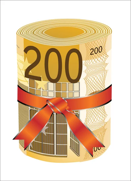 200 euros d'argent dans un ruban rouge avec un arc cadeau . — Image vectorielle