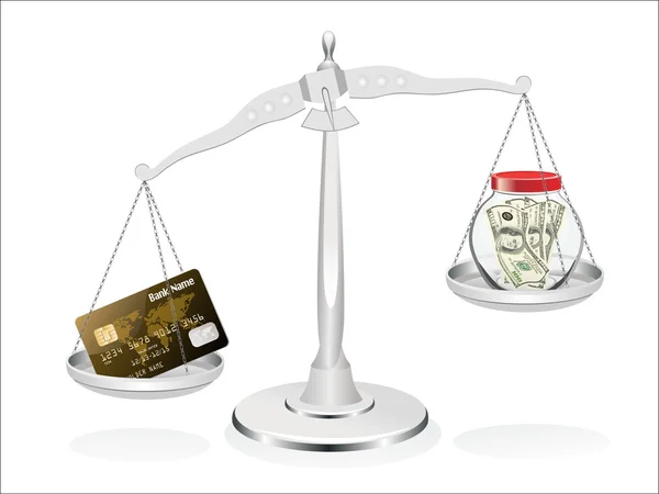Beyaz arka plan üzerinde bir cam kavanoz ve kredi kartı ölçeklerde birçok dolar izole iş kavramı — Stok Vektör