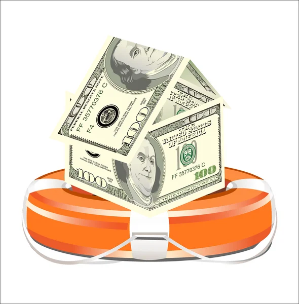 Dollars House with Life Buoy on a white background. Insurance concept. — Stock Vector