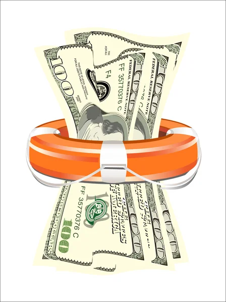 A life preserver filled with money, symbolizing financial aid — Stock Vector