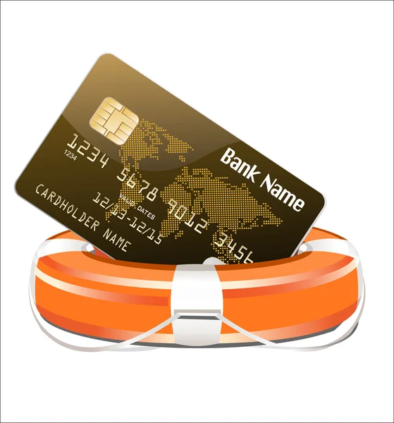 Koncept záchranné úvěru. kreditní karta s záchranný kruh na bílém pozadí — Stockový vektor