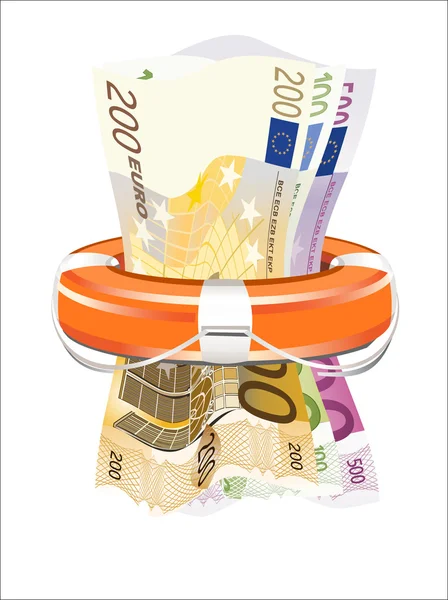 A life preserver filled with money, symbolizing financial aid — Stock Vector
