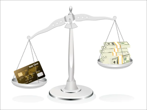 Bankenkonzept. Kreditkarten- und Dollarnoten mit Skala auf weißem Hintergrund — Stockvektor