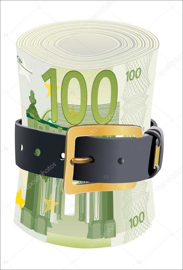 100 euro notes squeezed by leather belt on a white background