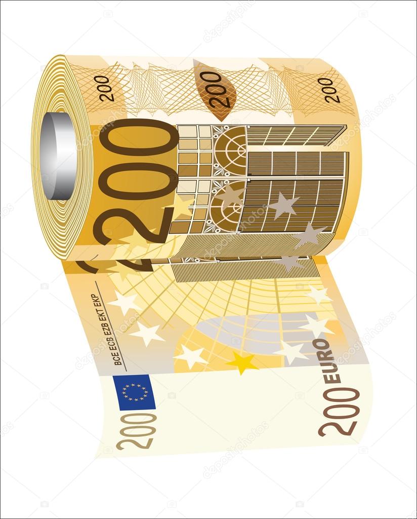 A toilet paper roll of 200 euro banknotes, symbolizing the careless spending of money.