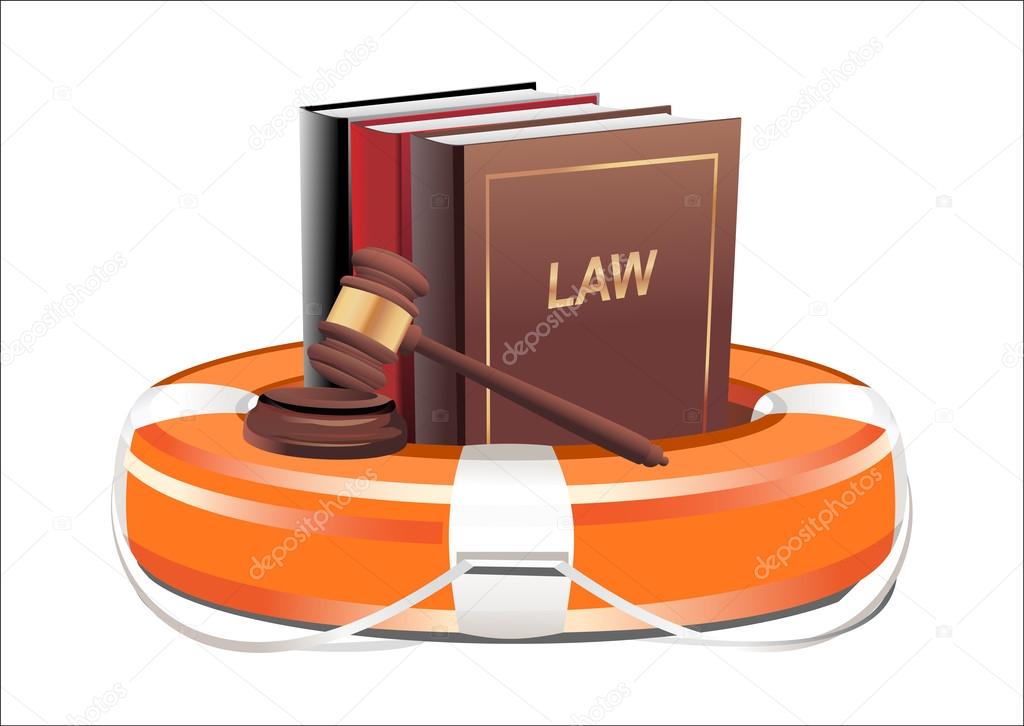 Legal aid. Gavel, book and lifebuoy on white background