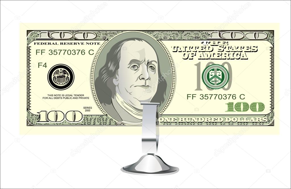 Small office desk stand with 100 american dollar banknote isolated on white
