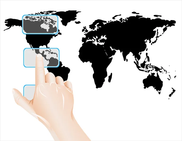 Empresario empujando el mapa mundial para el concepto de negocios y tecnología . — Vector de stock