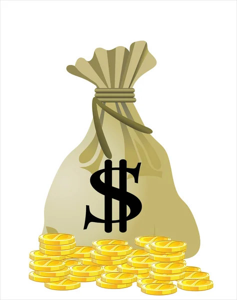 Stacks of coins and money bag — Stock Vector