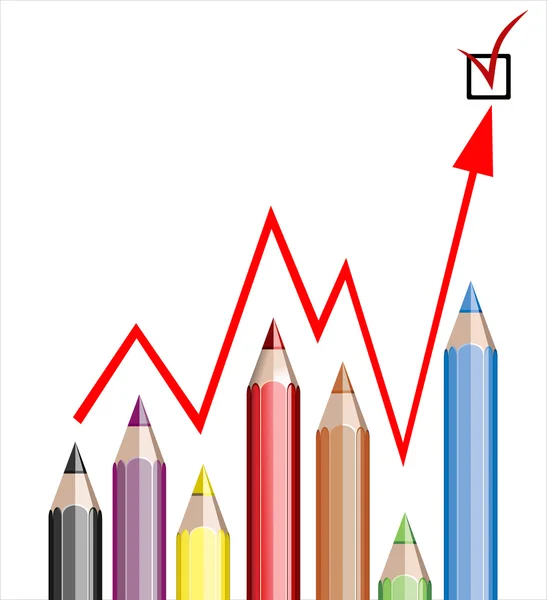 Business graph illustrating growth made up of colored pencils and red line — Stock Vector