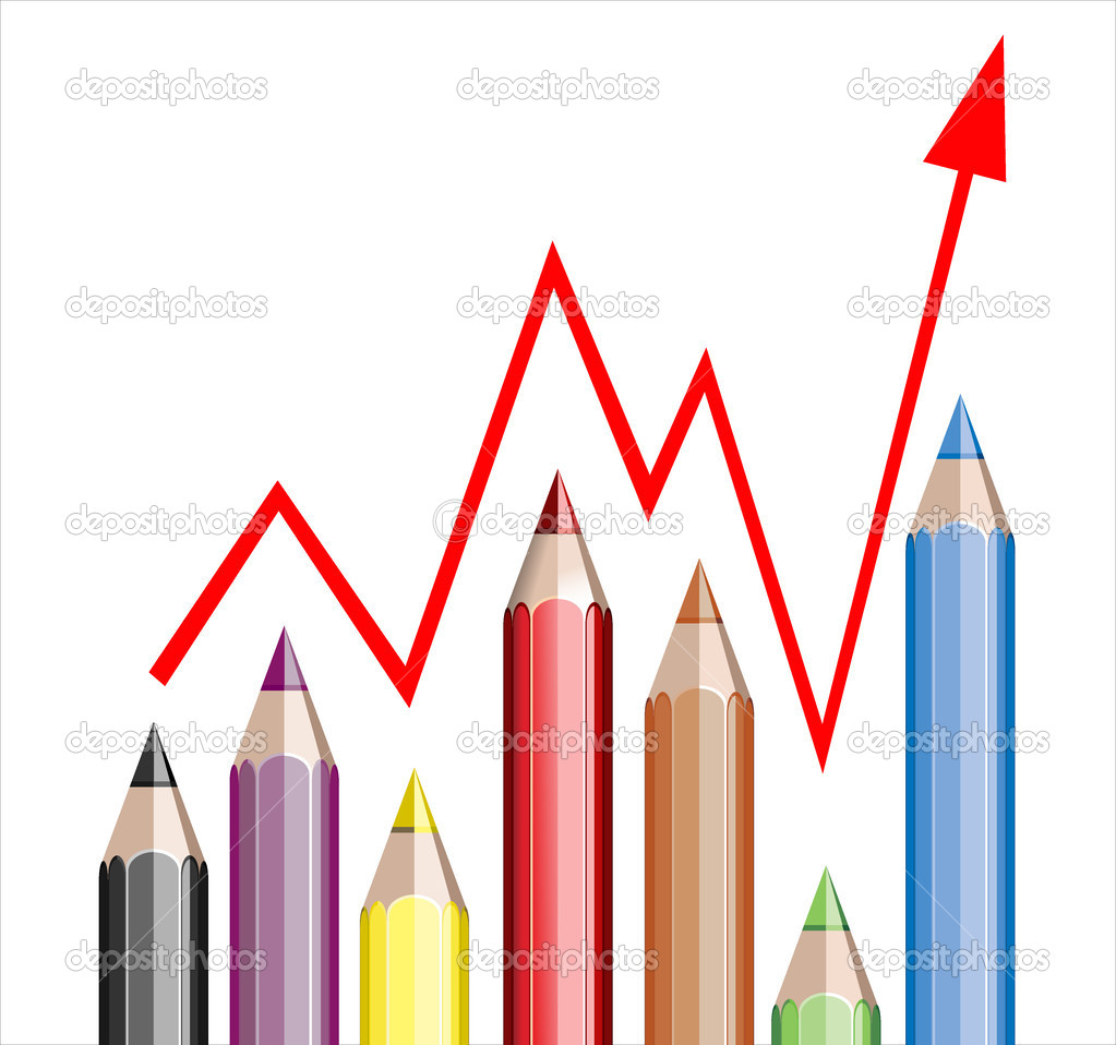 Business graph illustrating growth made up of colored pencils and red line