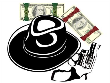 şapka silah beyaz zemin üzerine para.