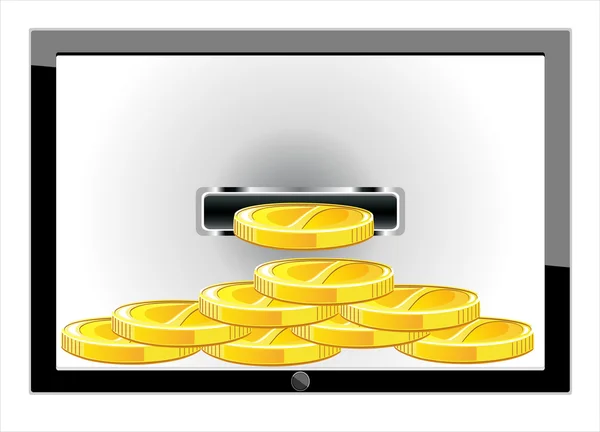 Tablet PC com pilhas de moedas de ouro — Vetor de Stock