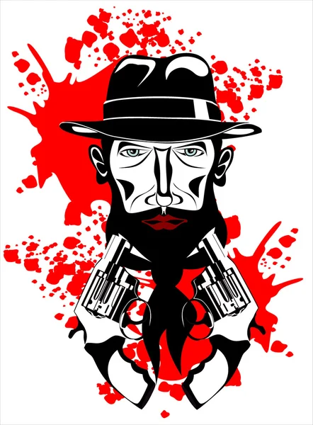 Cowboy mit Hut und Blutpistolen. — Stockvektor