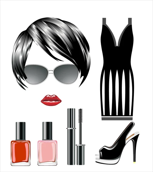 Set de mode d'une femme, accessoires et cosmétiques . — Image vectorielle