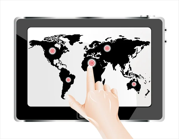 El dedo del hombre apuntando a la tableta de pantalla táctil con el mapa del mundo — Vector de stock