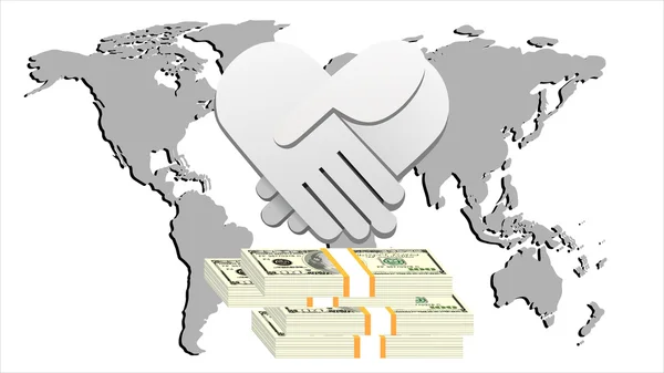 Apretón de manos y dinero en el mapa del mundo fondo — Archivo Imágenes Vectoriales