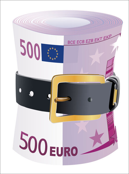 500 euro notes squeezed by leather belt on a white background