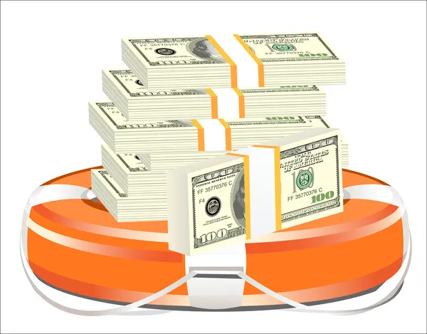 A life preserver filled with money, symbolizing financial aid — Stock Vector