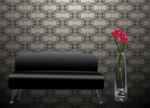 Чорний диван і квітка в старому стилі інтер'єру — стоковий вектор
