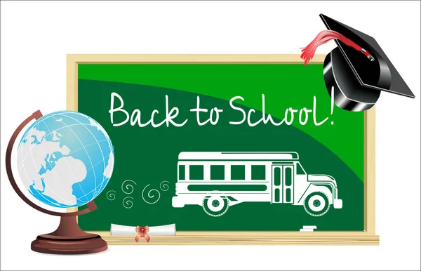Blackboard. Back to school .written on blackboard school bus Vector. — Stock Vector