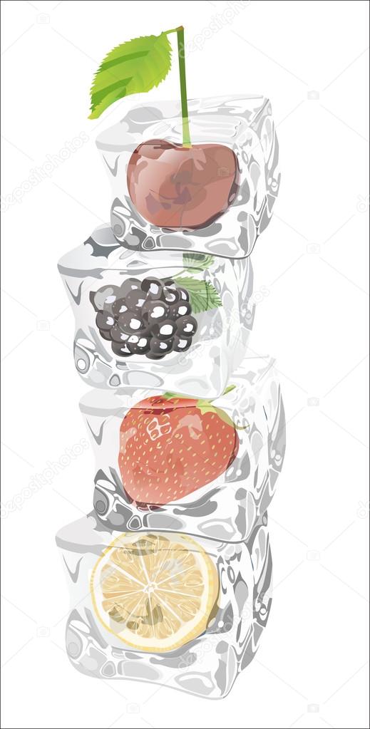 Fruits in Ice cubes over white