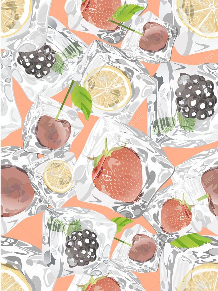 Seamless background with fruits in Ice cubes