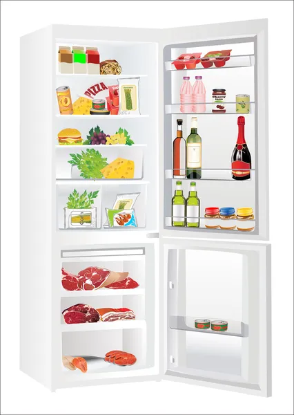 Refrigerador lleno de algunos tipos de alimentos - verduras, carne, pescado — Vector de stock