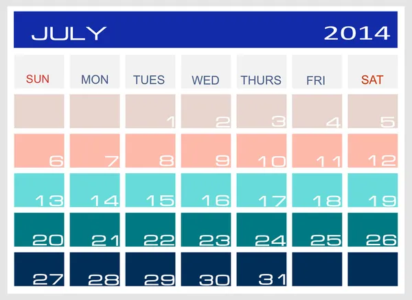 Calendario luglio 2014 — Vettoriale Stock