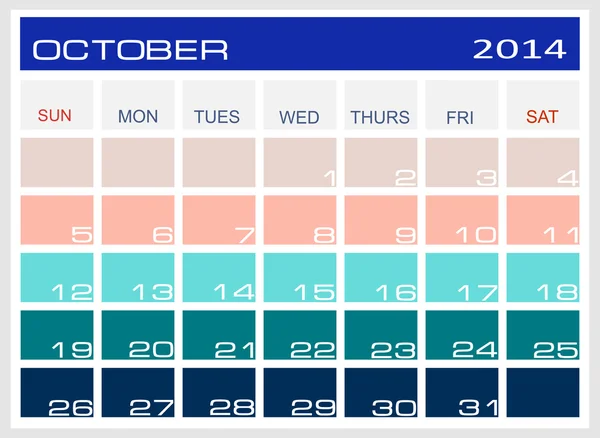 Calendário Outubro 2014 —  Vetores de Stock